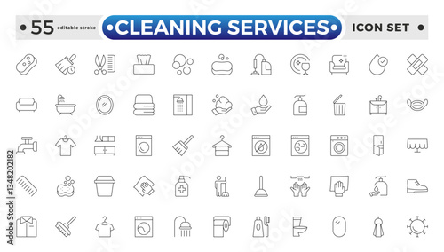 Cleaning Services icon set with broom, mop, vacuum cleaner, dustpan, duster, cleaning cloth, sponge, brush, cleaning spray, and bucket icon. Laundry, Window sponge. Editable stroke outline icon. 