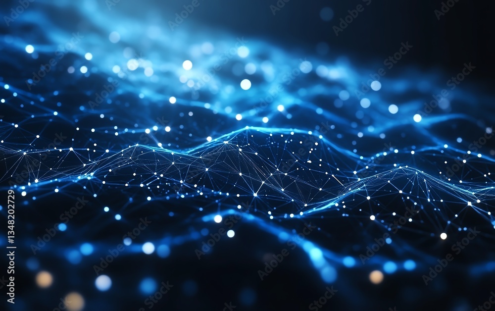 Abstract futuristic technology with glowing polygonal shapes on dark blue background, digital network concept, 3D rendering Abstract futuristic technology with glowing polygonal shapes on dark blue background, digital network concept, 3D rendering