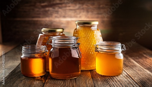 assorted honey jars on rustic wooden table