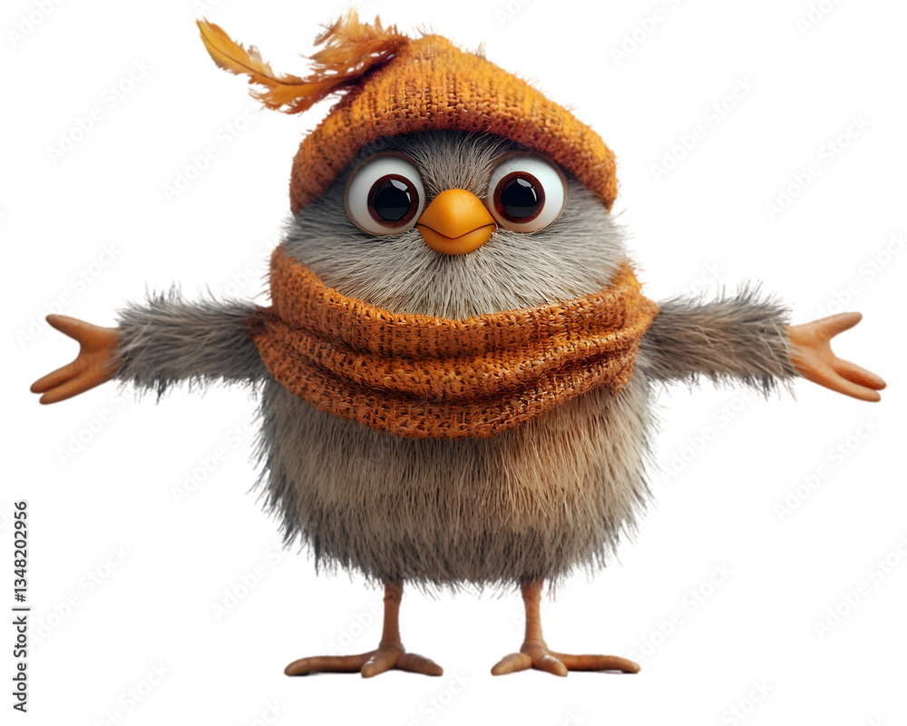 Cute Fluffy Winter Bird With Orange Hat And Scarf Cute Fluffy Winter Bird With Orange Hat And Scarf