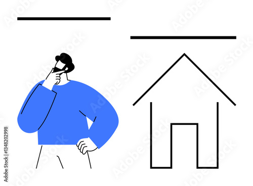 Thoughtful man touching his chin while considering ideas next to a house outline. Ideal for real estate, home buying, decision-making, planning, simplicity, lifestyle, and architecture. Flat simple