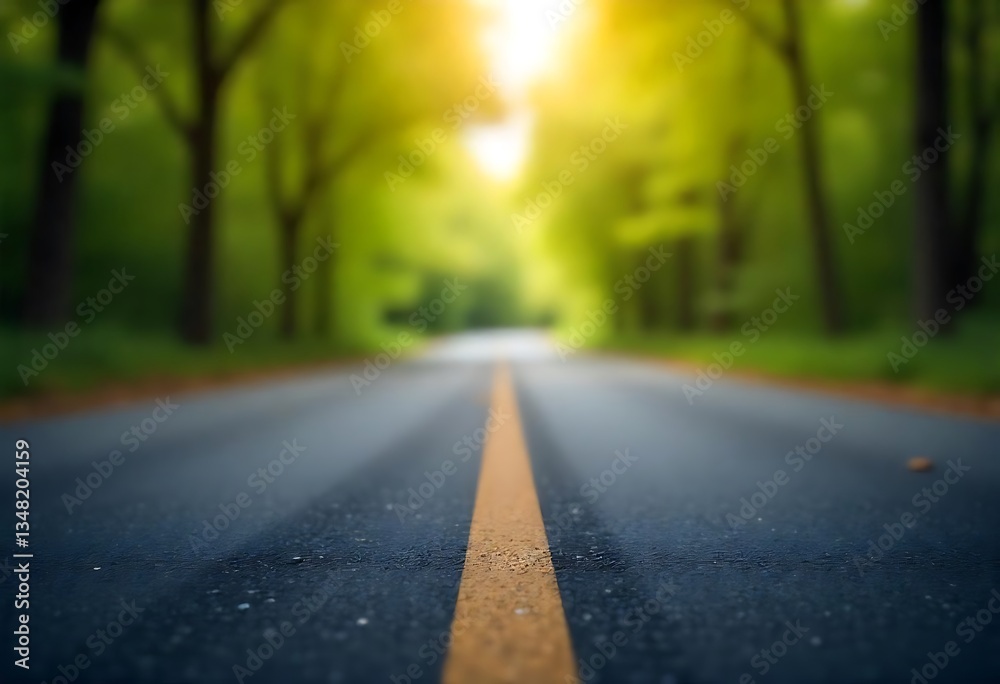 Obraz premium Generative AI Image showcasing a serene road with a yellow line cutting through a blurred lush green forest
