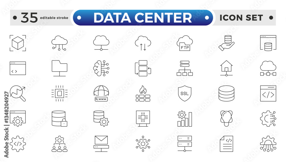 Data Center outline icon set. Data storage, cloud storage data, technology services, server, Data thin line icons. Editable stroke outline icon.
Data Center outline icon set. Data storage, cloud storage data, technology services, server, Data thin line icons. Editable stroke outline icon.