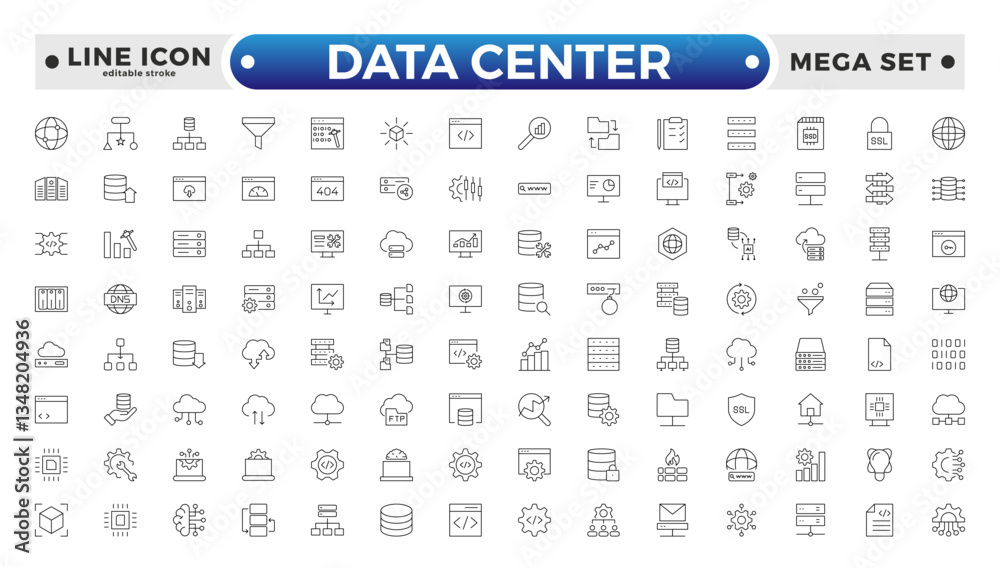 Data Center outline icon set. Data storage, cloud storage data, technology services, server, Data thin line icons. Editable stroke outline icon.
Data Center outline icon set. Data storage, cloud storage data, technology services, server, Data thin line icons. Editable stroke outline icon.