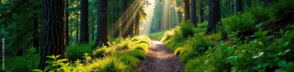 Narrow, shaded trail meandering beneath towering conifers, soft moss , ground, magical Narrow, shaded trail meandering beneath towering conifers, soft moss , ground, magical