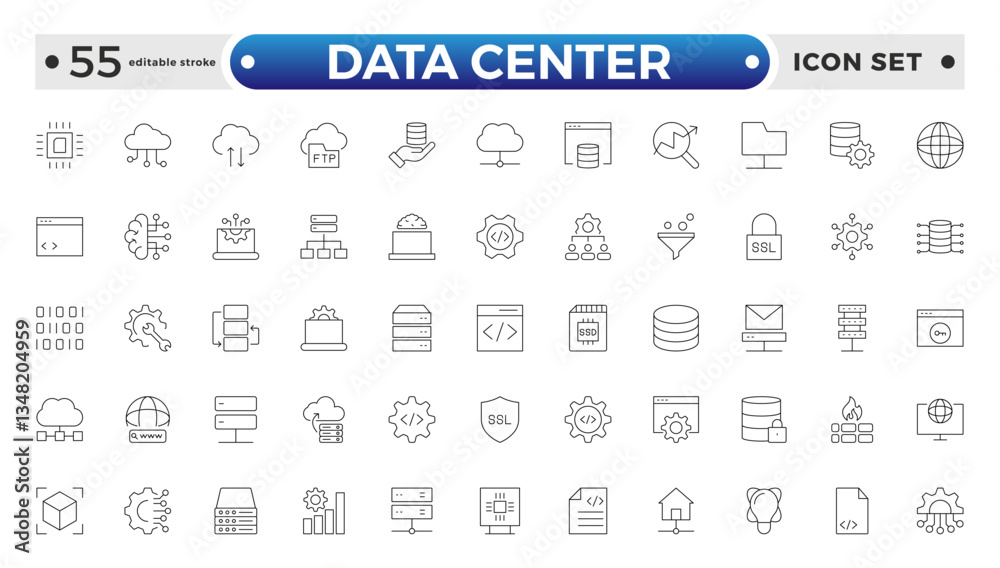 Data Center outline icon set. Data storage, cloud storage data, technology services, server, Data thin line icons. Editable stroke outline icon.
Data Center outline icon set. Data storage, cloud storage data, technology services, server, Data thin line icons. Editable stroke outline icon.