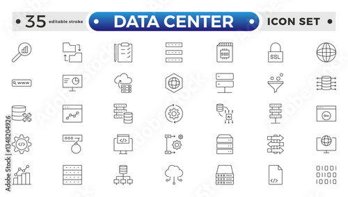 Data Center outline icon set. Data storage, cloud storage data, technology services, server, Data thin line icons. Editable stroke outline icon. 
