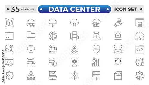 Data Center outline icon set. Data storage, cloud storage data, technology services, server, Data thin line icons. Editable stroke outline icon. 
