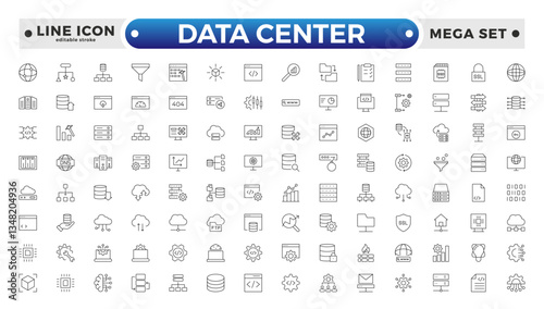 Data Center outline icon set. Data storage, cloud storage data, technology services, server, Data thin line icons. Editable stroke outline icon. 
