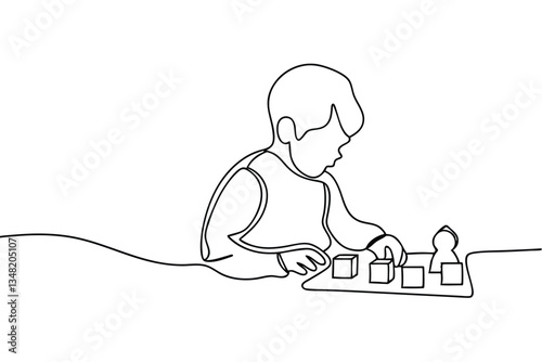 Toddler Playing Blocks OneLine Drawing of Childs Playtime