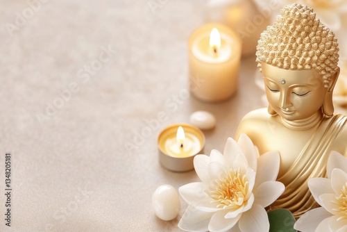Serene golden Buddha statue surrounded by flickering candles and fresh lotus flowers in a tranquil temple setting bathed in soft golden light