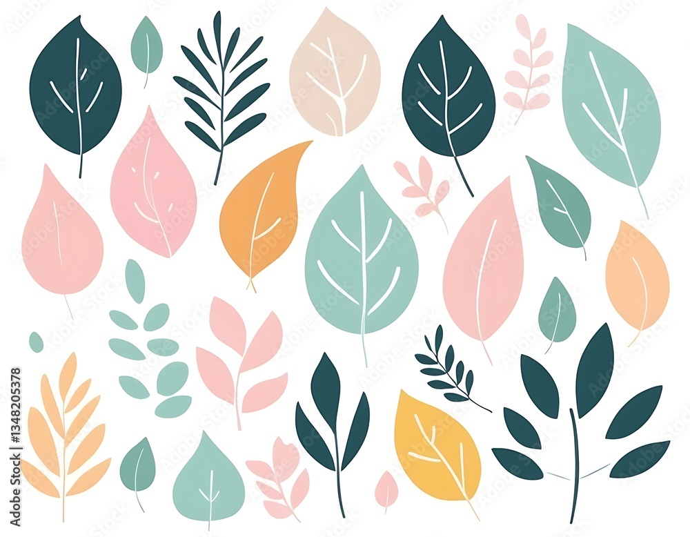 Leaves in a white background, pastel colors Leaves in a white background, pastel colors