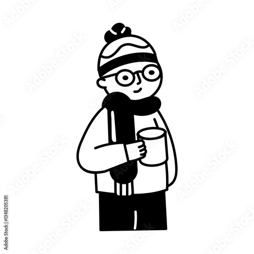 Doodle illustration of a character in winter clothing drinking coffee 

