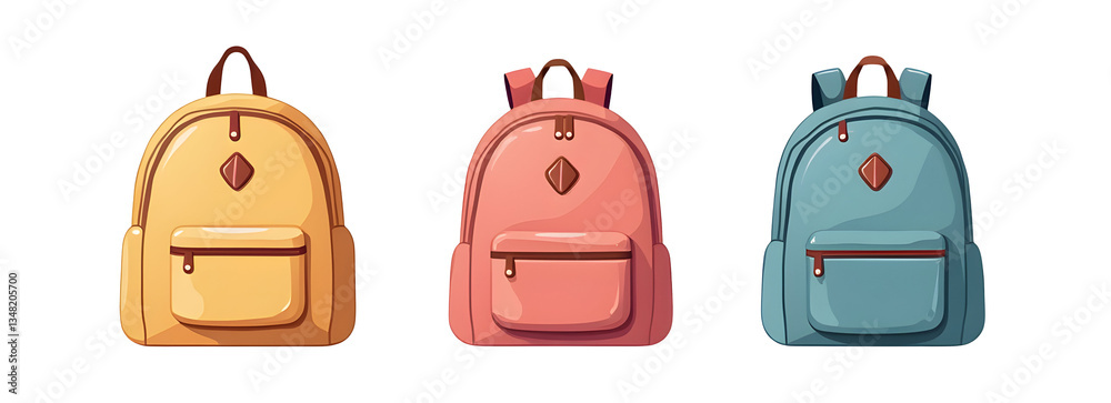 Three colorful backpacks displayed  ,cut out, transparent background, isolated