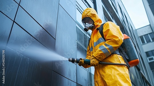 Person in protective suit spraying down a building exterior wall