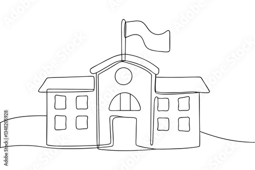 Singleline drawing of a school building, education, learning, flag