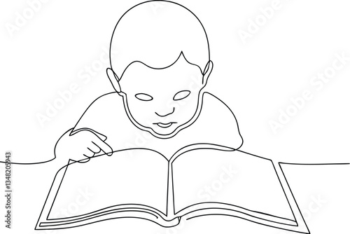 Young Child Concentratedly Reading Open Book, Line Art Illustration