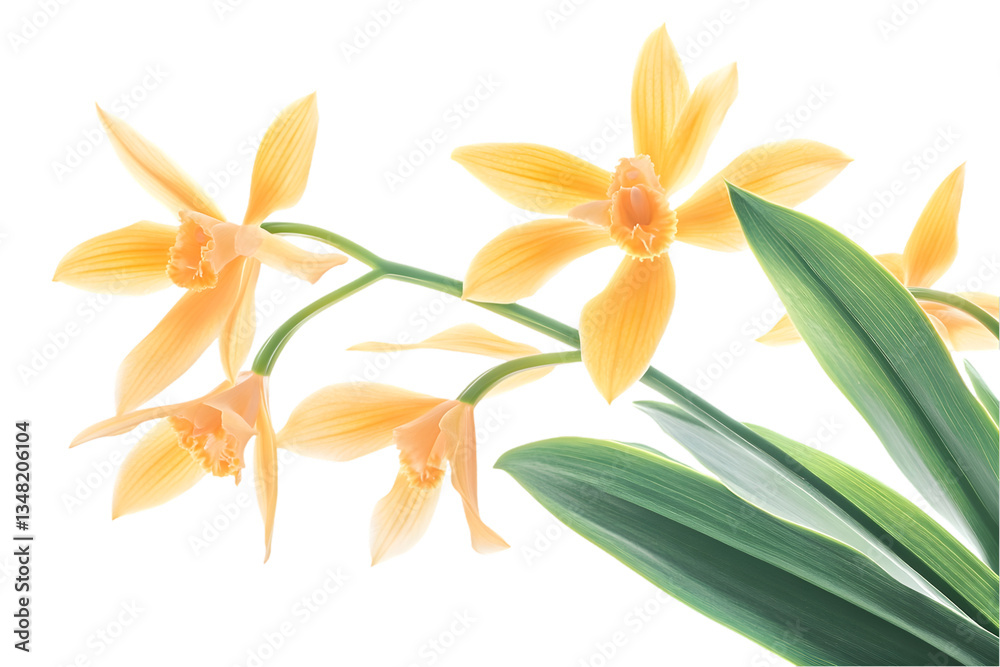 Fototapeta premium Delicate Orange Orchids With Green Leaves