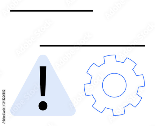 Exclamation mark in triangle next to gear emphasizes warnings, risks, technical issues. Ideal for troubleshooting, alerts, maintenance, risk, system updates, error solutions flat simple metaphor