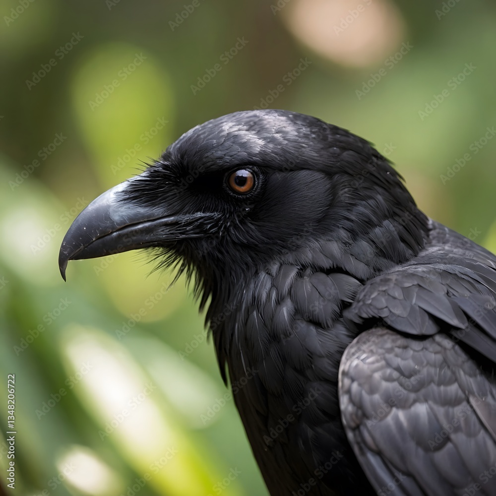 Naklejka premium Hawaiian Crow Close-Up: Glossy Feathers and Expressive Eyes