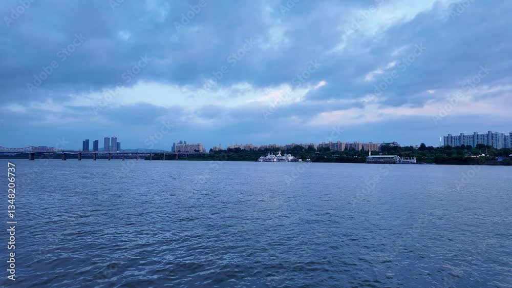 Riverside cityscape and evening sky Riverside cityscape and evening sky