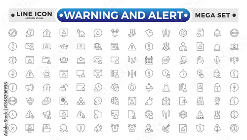 Warning and risk. Set of line icons in linear style. Warning exclamation mark, attention, danger, notice, stop. Alerts and Warning outline icon collection. Editable stroke outline icon. 
