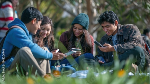 A group of students studying together and sharing notes on their smartphones.