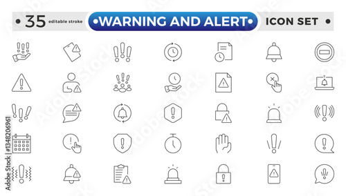 Warning and risk. Set of line icons in linear style. Warning exclamation mark, attention, danger, notice, stop. Alerts and Warning outline icon collection. Editable stroke outline icon. 
