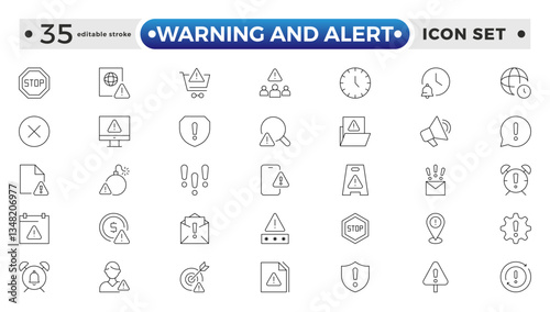 Warning and risk. Set of line icons in linear style. Warning exclamation mark, attention, danger, notice, stop. Alerts and Warning outline icon collection. Editable stroke outline icon. 

