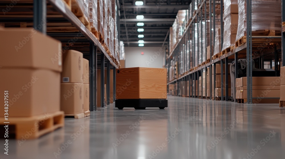 Automated Guided Vehicle Moving Through Modern Warehouse Aisle Automated Guided Vehicle Moving Through Modern Warehouse Aisle