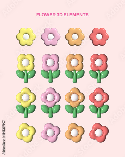 꽃 3D 그래픽 벡터 세트. flower 3d illustration eps. design source.