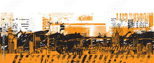 Vector abstraction on the theme of urbanism. Street art in grunge style on the background of spots and geometric figures from elements of the architecture of the big city, newspaper clippings. T-shirt