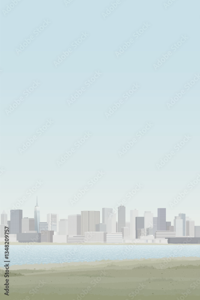 Naklejka premium Minimalist cityscape view from lakeside have skyscrapers far away and blue sky vertical background graphic illustration.