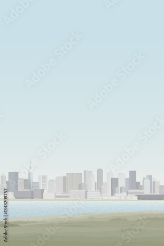 Minimalist cityscape view from lakeside have skyscrapers far away and blue sky vertical background graphic illustration.
