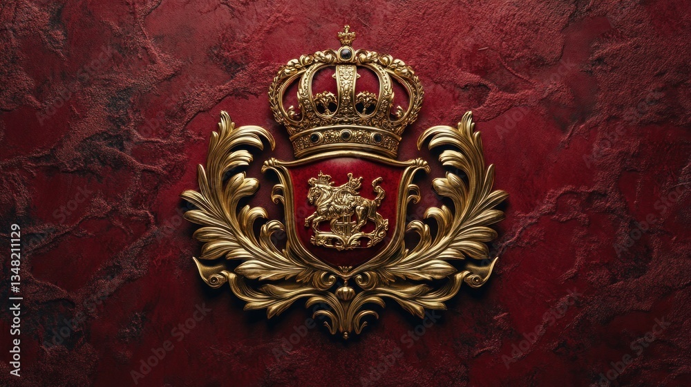 Fototapeta premium Royal Crest: Gold Emblem with Crown on Red Background
