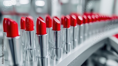 A Row of Red Lipsticks in a Factory Setting