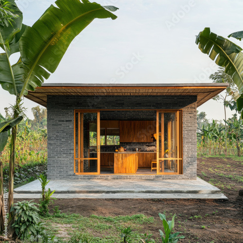 Traditional Thai wooden house surrounded by nature and trees photo
