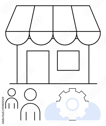 Storefront with awning, people icons, and gear combining teamwork, business operations, collaboration, marketing, entrepreneurship and service. Ideal for retail partnerships and innovation. Flat