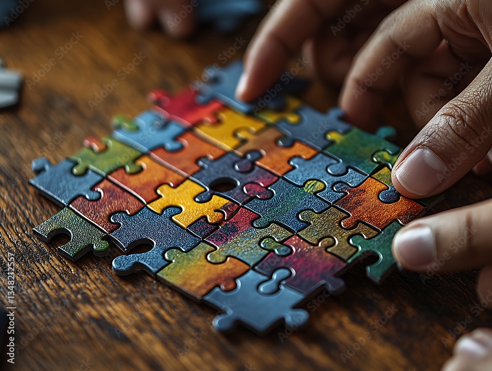 Teamwork solving puzzle on wood table Teamwork solving puzzle on wood table