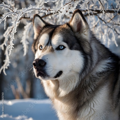 Winter Warrior: Alaskan Malamute Close-Up with a Frost-Kissed Background