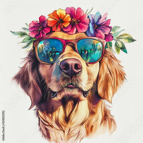 A playful golden retriever wearing sunglasses and a floral crown, radiating joy. photo