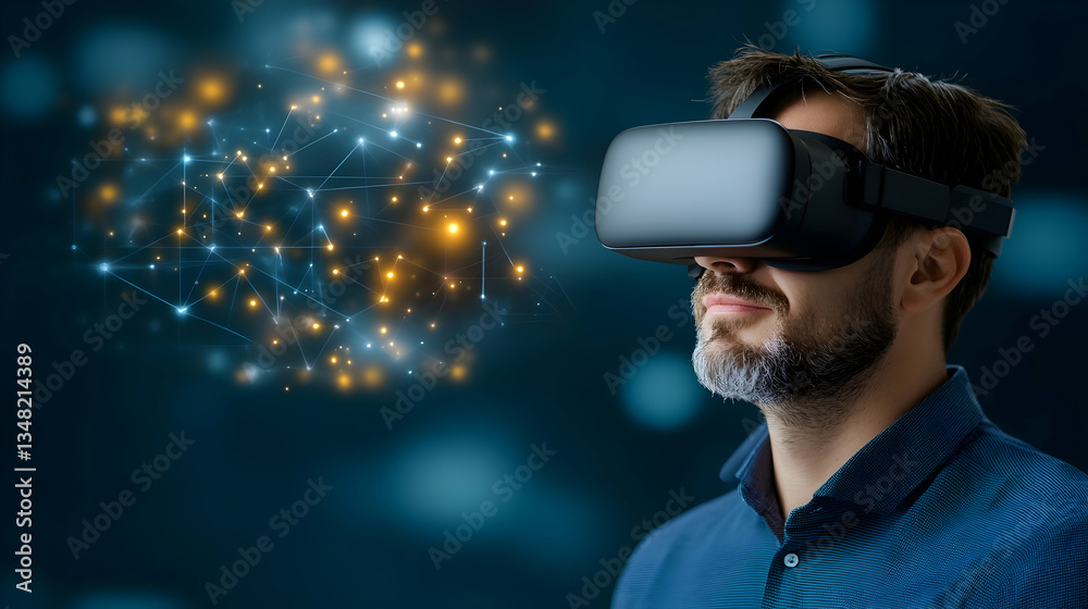 Young man enjoying music while being photographed in a studio setting. VR and AR technology futuristic concept. Man wearing 3d VR headset glasses looks up in cyberspace of metaverse. Virtual reality Young man enjoying music while being photographed in a studio setting. VR and AR technology futuristic concept. Man wearing 3d VR headset glasses looks up in cyberspace of metaverse. Virtual reality