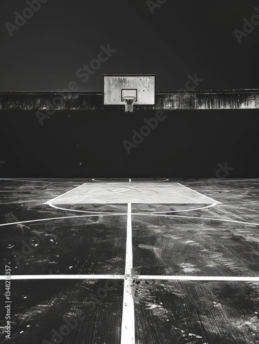 A minimalist black and white photograph of a basketball court with stark contrasts and bold lines.