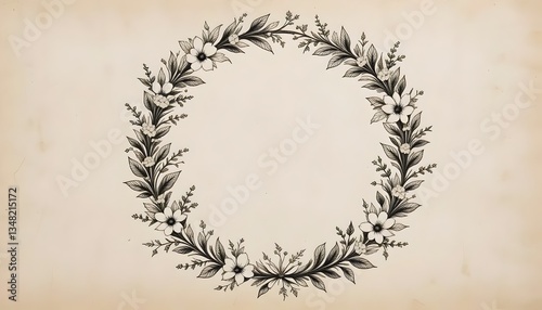 Vintage Floral Wreath Sketch on Aged Paper Background