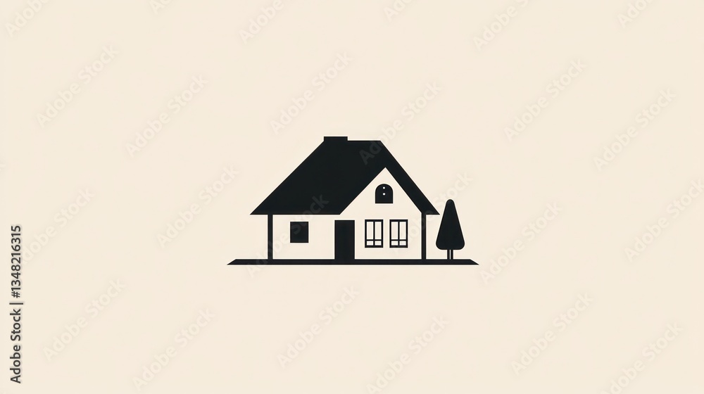 Simple silhouette of a house and tree, minimalist design, suitable for real estate or home-related projects