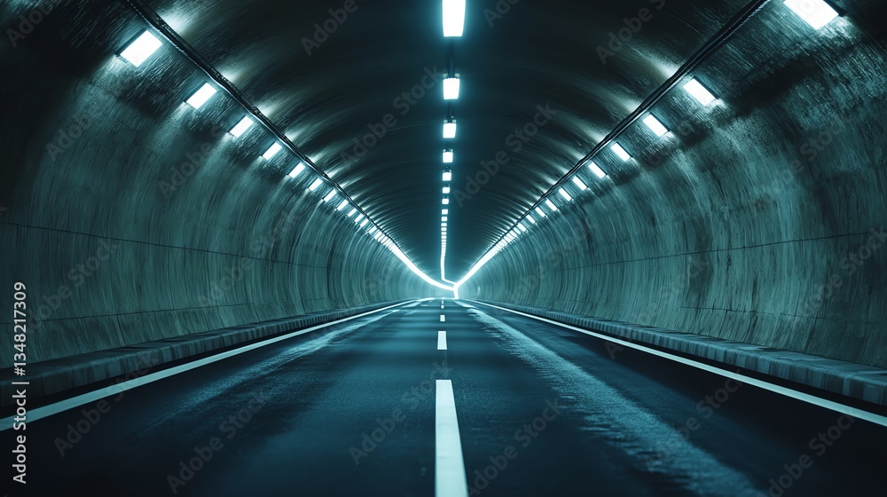 Fototapeta premium Driving Through a Long Concrete Tunnel with Bright Lights Perspective