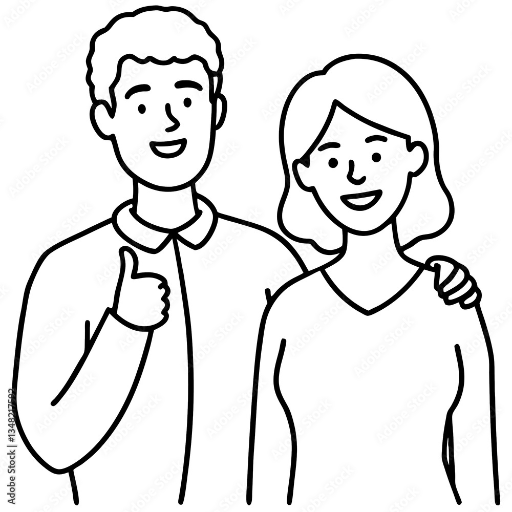 Happy Friends Line Art Illustration – Smiling Man and Woman with Positive Expression, Friendship Concept, Thumbs Up Gesture, Support, and Togetherness in Simple Black and White Style Happy Friends Line Art Illustration – Smiling Man and Woman with Positive Expression, Friendship Concept, Thumbs Up Gesture, Support, and Togetherness in Simple Black and White Style