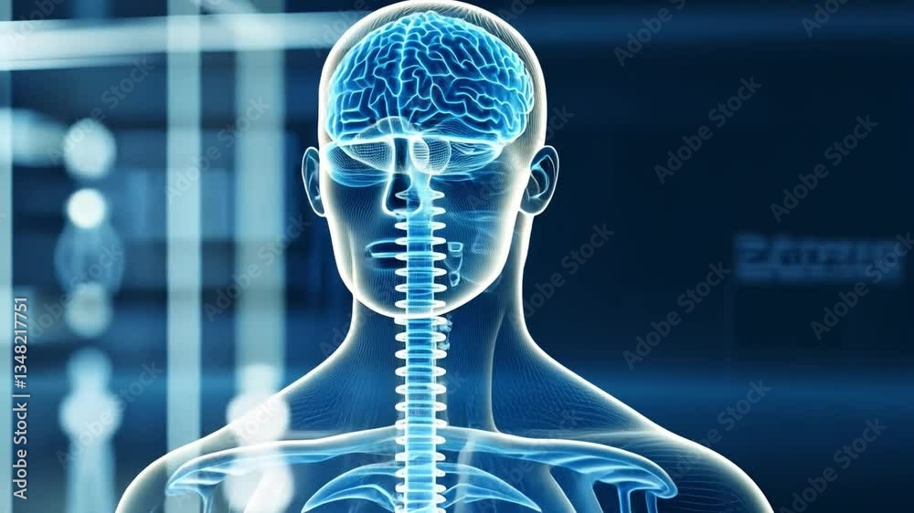 The Blueprint of Thought: A vivid depiction of the human brain and skeletal structure, showcasing the complex beauty of human anatomy against a futuristic, technologically advanced backdrop. The Blueprint of Thought: A vivid depiction of the human brain and skeletal structure, showcasing the complex beauty of human anatomy against a futuristic, technologically advanced backdrop.