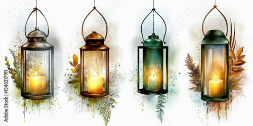 Unique watercolor lantern icon set on white background decorative home accent cozy environment artistic viewpoint