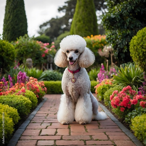 Garden Grace: Elegant Poodle Strolls Down a Lush, Flower-Filled Path